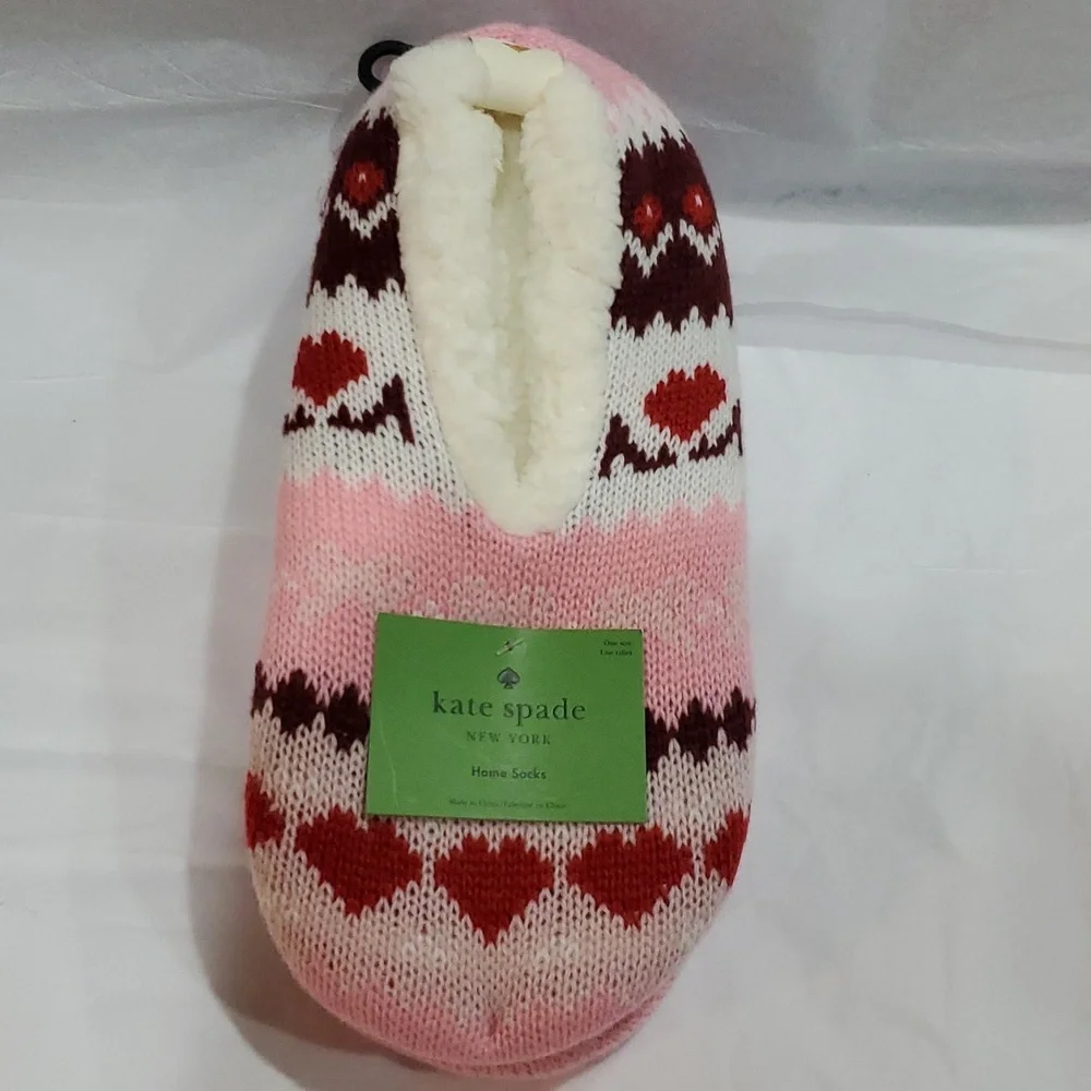 Kate Spade pink red argyle look shearling lined footlet house home socks‎ new OS